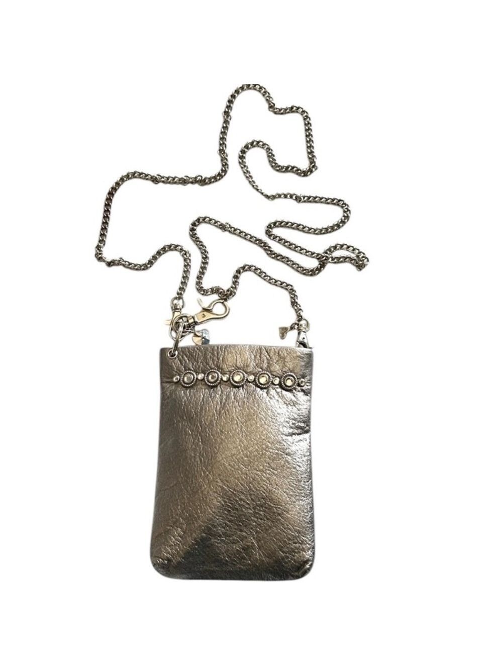 Metallic Pewter Leather Phone Pouch with Crossbody Chain Strap